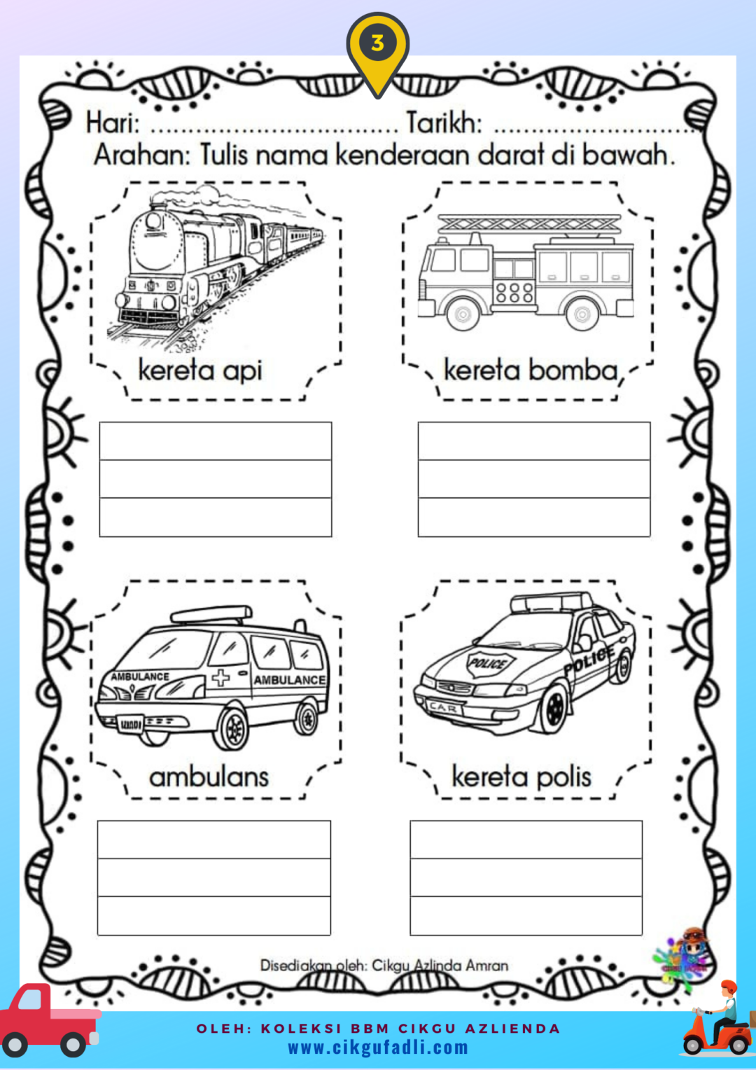 Lembaran Kerja Prasekolah: Tema Kenderaan Darat - Cikgu Mohd Fadli