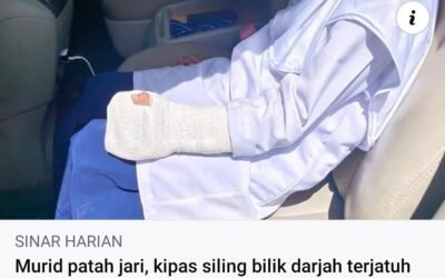 Kipas siling jatuh sampai patah jari murid.