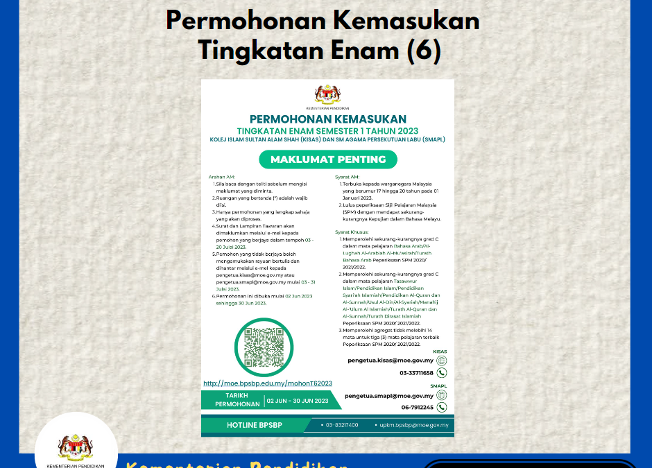 Permohonan Kemasukan Tingkatan Enam (6) Semester 1 Tahun 2023
