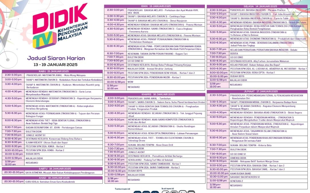 Jadual DidikTV Kementerian Pendidikan Malaysia (KPM) pada 13 hingga 19 Januari 2025