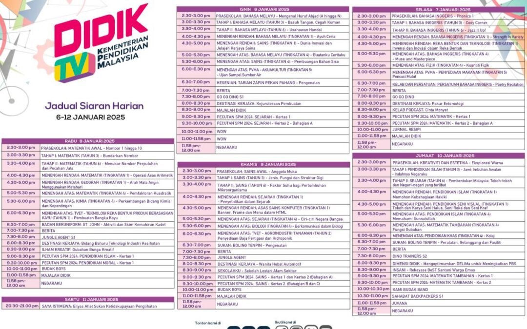 Jadual DidikTV KPM 6 hingga 11 Januari 2025.