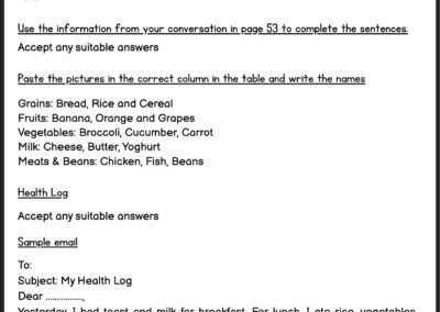 Sample worksheet for Year 4 English Unit 5 Eating Right (Malaysia textbook)