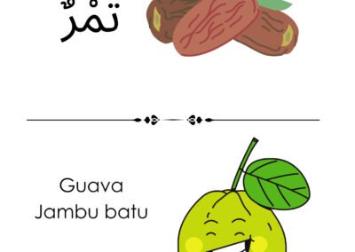 Bahan Belajar Buah-buahan Arab untuk murid prasekolah dalam bentuk lembaran kerja