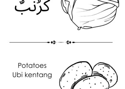 Kubis dan ubi kentang – lembaran mewarna Bahasa Arab bertema Sayur-sayuran