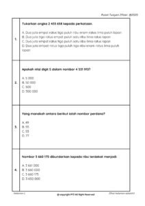 Latihan Matematik Tahun 6 merangkumi soalan 1 hingga 4 yang melibatkan operasi asas dan pengiraan mudah.