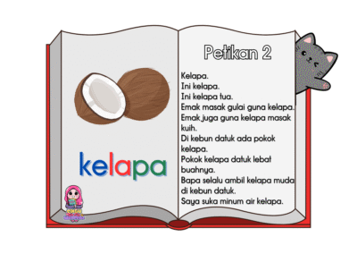 helaian bacaan dengan gambar kelapa dan perkataan berkaitan