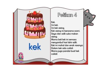 helaian bacaan dengan imej kek dan ayat sesuai tahap 1