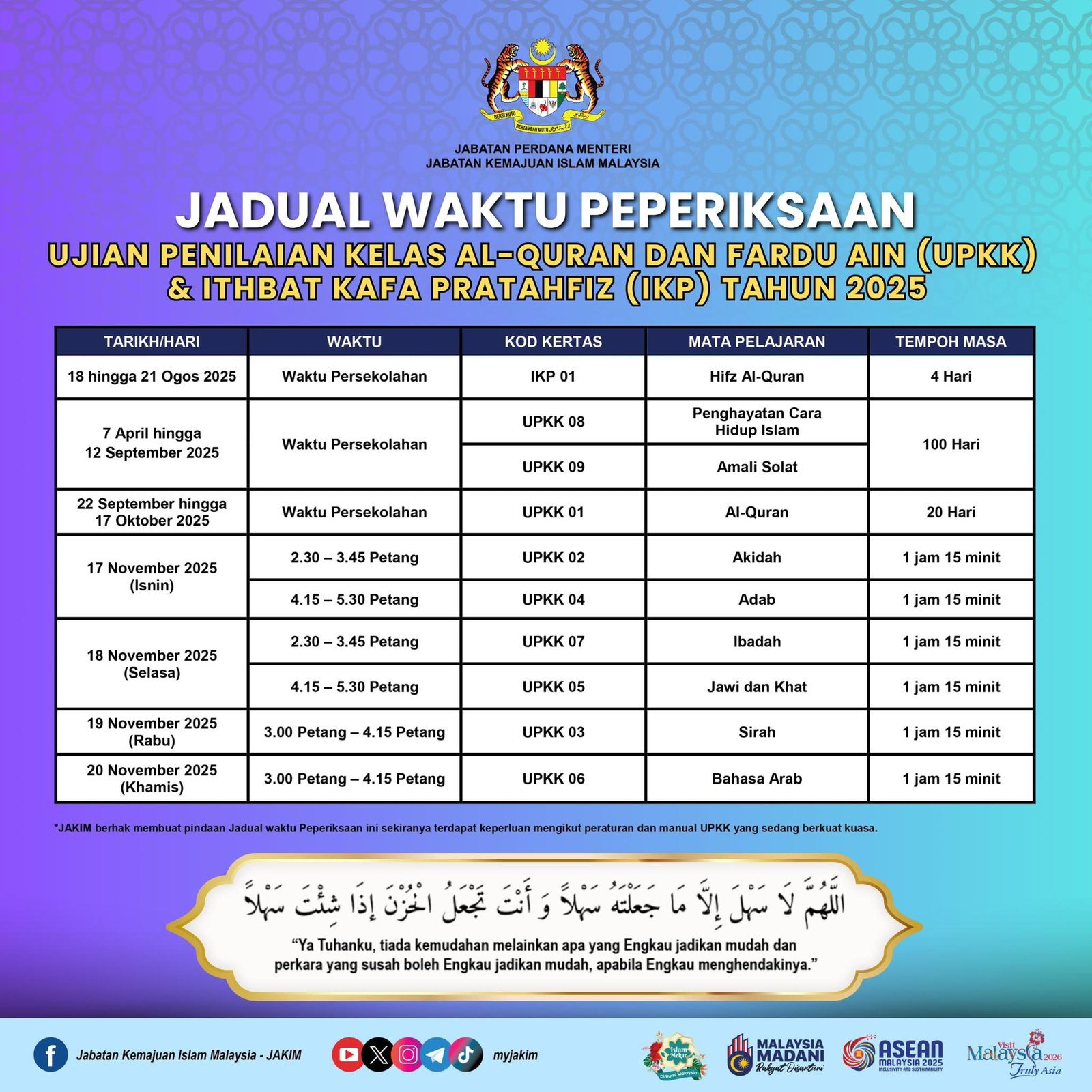 Jadual peperiksaan UPKK dan IKP 2025 oleh JAKIM Jadual peperiksaan UPKK dan IKP 2025 oleh JAKIM