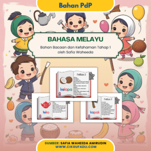 Poster bahan bacaan dan kefahaman Jawi bergambar dengan gaya chibi murid Muslim lelaki dan perempuan di kiri dan kanan serta ruang tengah kosong untuk teks.