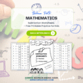 Promotional poster for free Subtraction Worksheets PDF – 18 pages of simple subtraction practice for kids aged 5 and above