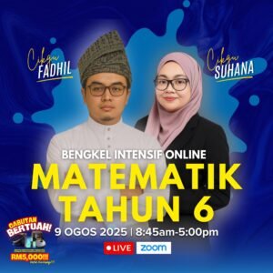 Poster rasmi Bengkel Matematik Tahun 6 bersama Cikgu Fadhil & Cikgu Suhana
