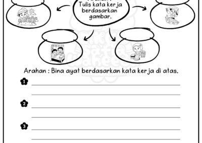 Lembaran kerja kemahiran membina ayat: latihan tulis kata kerja berdasarkan gambar dan bina ayat mudah.
