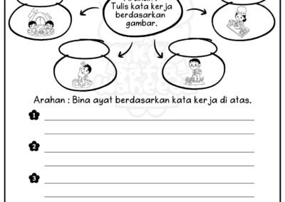 Latihan bina ayat menggunakan kata kerja yang ditulis berdasarkan ilustrasi harian.