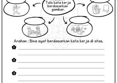 Latihan penulisan ayat: murid menulis kata kerja dan menggunakannya dalam ayat lengkap."