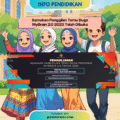 Ilustrasi chibi berwarna-warni pelajar universiti Muslim lelaki dan perempuan gembira buat semakan temu duga MyBrain 2.0 Tahun 2025