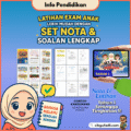 Poster chibi berwarna-warni mempromosikan Set Nota & Soalan Lengkap untuk latihan exam anak Tahun 1 hingga Tingkatan 5.