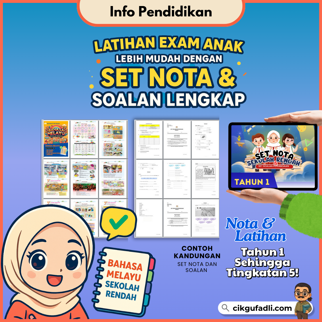 Poster chibi berwarna-warni mempromosikan Set Nota & Soalan Lengkap untuk latihan exam anak Tahun 1 hingga Tingkatan 5.