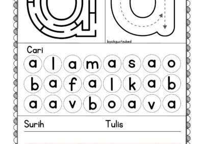 Lembaran kerja huruf A – aktiviti mengenal dan menulis huruf kecil