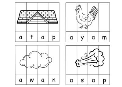 Puzzle Perkataan A–H helaian 1 atap, ayam, awan dan asap.