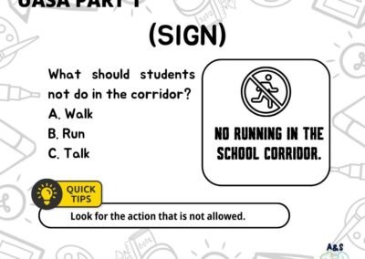Sample question based on school corridor sign with answer about prohibited actions