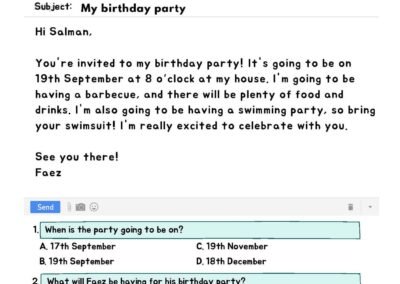 Free UASA English Part 1 worksheet – birthday party invitation email with MCQs