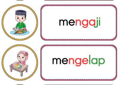 Kad kata kerja mengajar, mengaji, mengelap dan mengadun bergambar