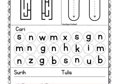 Worksheet Didik Hibur – latihan huruf kecil N untuk murid awal sekolah