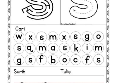 Lembaran kerja huruf S – aktiviti mengenal dan menulis huruf kecil