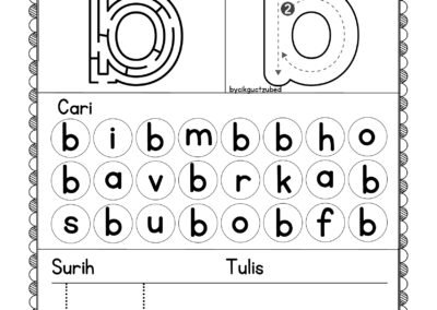Worksheet Didik Hibur – latihan huruf kecil B untuk murid awal sekolah