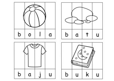 Puzzle Perkataan A–H helaian 2 bola, batu, baju dan buku.
