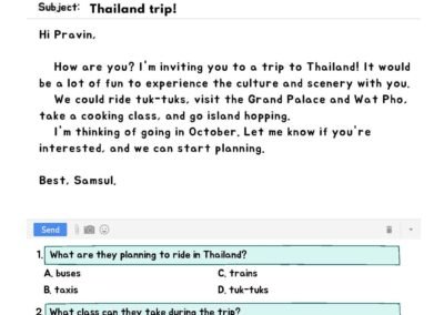Free UASA English Part 1 worksheet – short email about a trip to Thailand with comprehension questions