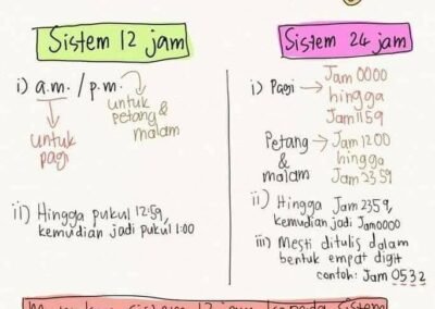Carta minda Nota Masa & Waktu Percuma oleh Cikgu Mohamad Hakim. Menerangkan sistem 12 jam & 24 jam serta contoh penukaran 2:45 a.m. = Jam 0245.