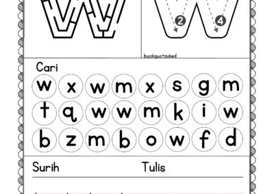 Worksheet Didik Hibur – latihan huruf kecil W untuk murid awal sekolah