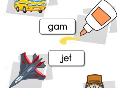 Perkataan KVK bergambar seperti bas, gam, jet dan jam.