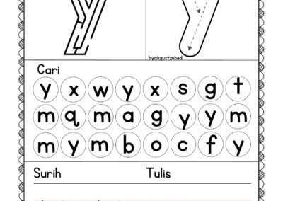 Lembaran kerja huruf Y – aktiviti mengenal dan menulis huruf kecil