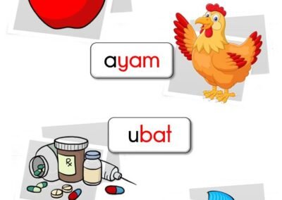 Latihan perkataan V-KVK dengan gambar epal, ayam, ubat dan ikan.