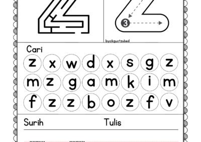 Worksheet Didik Hibur – latihan huruf kecil Z untuk murid awal sekolah