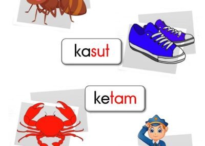 Worksheet perkataan KV KVK bergambar untuk bacaan awal dengan perkataan semut, kasut, ketam dan polis.