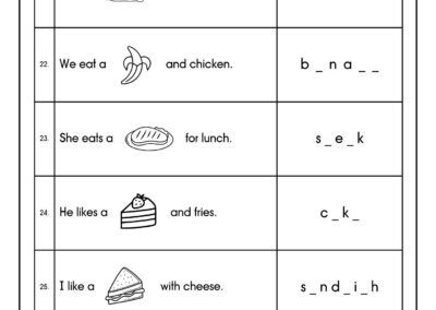 Food and Meals vocabulary spelling worksheet, English Year 1 UASA practice.