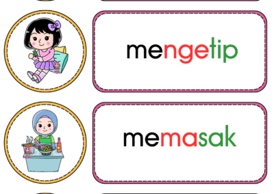 Kad kata kerja menggali, mengetip, memasak dan terjatuh bergambar