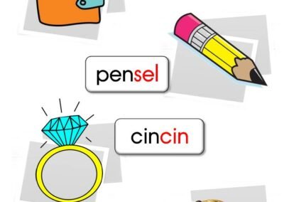 Worksheet perkataan KVK-KVK seperti dompet, pensel, cincin dan biskut.