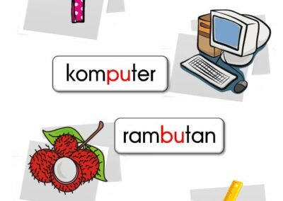 Worksheet perkataan KVK-KV-KVK dan gambar seperti sembilan, komputer, rambutan dan pembaris.