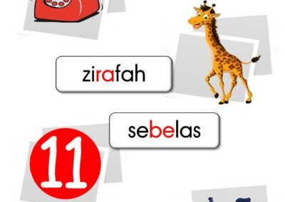 Senarai perkataan KV-KV-KVK bergambar seperti telefon, zirafah, sebelas dan basikal.