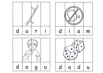 Puzzle Perkataan A–H helaian 4 duri, diam, dagu dan dadu.
