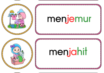 Kad kata kerja mewarna, menjemur, menjahit dan menyanyi bergambar
