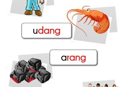 Perkataan bergambar berakhir ng seperti abang, udang, arang dan orang.