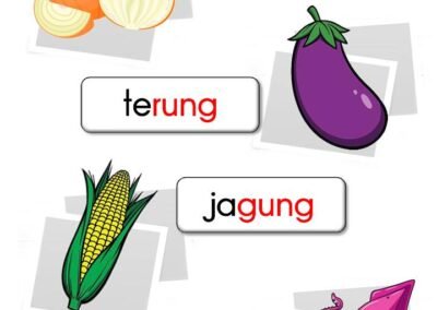Latihan perkataan akhiran ng bergambar seperti bawang, terung, jagung dan sotong.