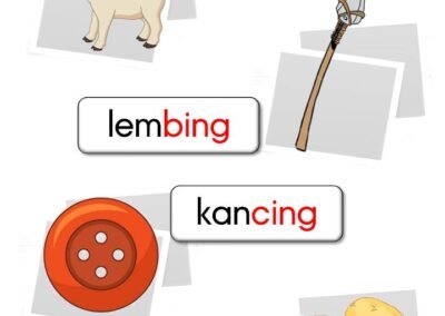 Latihan perkataan bergamabar akhiran ng bergambar seperti kambing, lembing, kancing dan kentang.