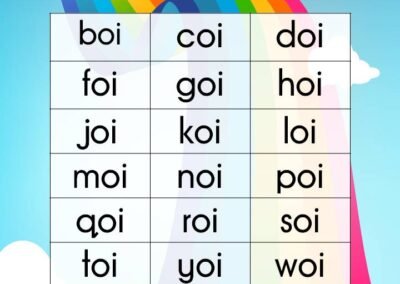 Perkataan diftong oi seperti boi, coi, doi, foi, goi, hoi, joi, koi, loi, moi, noi, poi, qoi, roi, soi, toi, yoi dan woi.