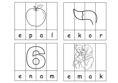 Puzzle Perkataan A–H helaian 5 epal, ekor, enam dan emak.